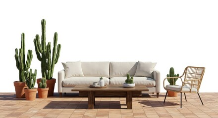 Outdoor lounge setting features potted columnar cacti, comfortable sofa, and woven accent chair on tiled flooring