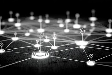 Glowing nodes connected by lines in a network, dark background