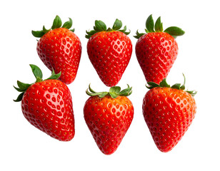 Six ripe strawberries with green stems against a black background. Bright red fruit with visible seeds