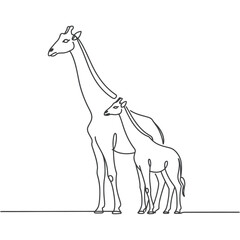 Continuous line drawing of a mother giraffe with her calf