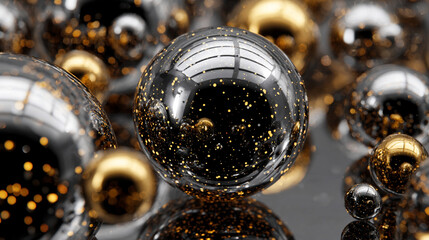 shiny metallic spheres arranged like an abstract constellation in a reflective void. The composition conveys futuristic design, cosmic patterns, modern technology, innovation, artificial intelligence,