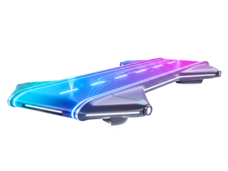 Futuristic flying car with neon lights and trails on a transparent background