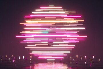 Neon sphere with horizontal lines over dark water