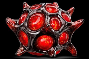 Spiky organic form with red internal spheres on dark backdrop