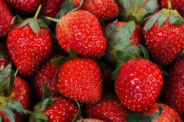 Extreme close up pile of bright red strawberries displays texture and vibrant color detail for a food background.