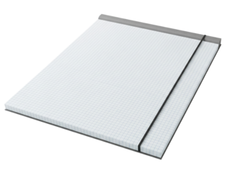 Stack of graph paper sheets in a notepad with an elastic band on a transparent background