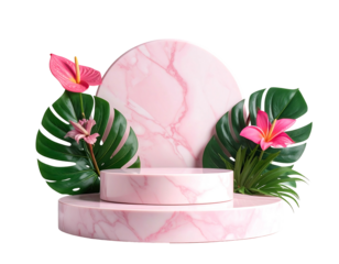 Pink marble podium backdrop with tropical leaves and pink flowers, isolated on black background