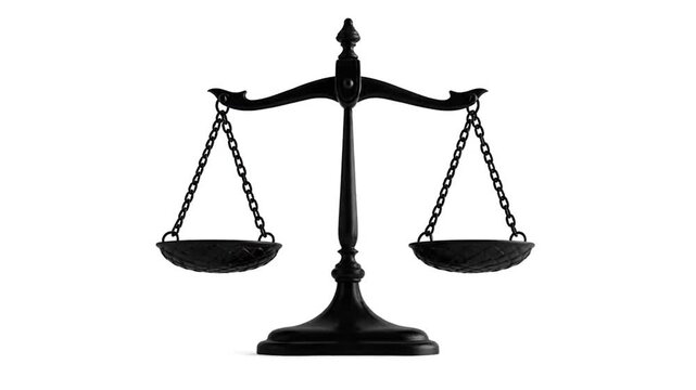 A symmetrical, black justice scale with two chained pans, centered, against a white background