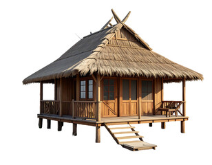 Small, raised bamboo hut with a thatched roof. Simple structure, elevated on stilts, stairs lead up. Isolate on black