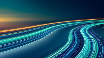 The image showcases abstract light trails in vibrant hues of blue, green, and gold against a dark backdrop, creating a sense of speed and motion with its blurred lines.