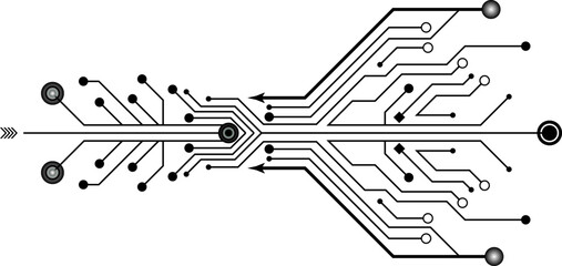 Abstract monochrome illustration of a printed circuit board with branching pathways representing data flow and connectivity. © Yakub Dhali