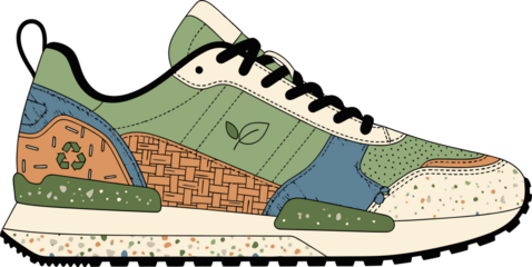 Sustainable Eco-friendly Sneaker Illustration with Recycle Symbol and Leaf Icon on White Background