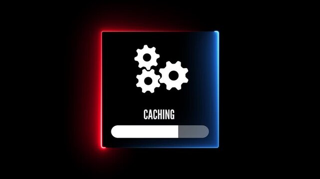 White gears and progress bar with the word CACHING on a dark background with neon glow Keywords: caching, gears, progress bar, loading, technology, data, processing, system, operation