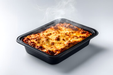 Freshly Cooked Lasagna in a Black Tray with Steam Rising Ready to Be Served and Enjoyed