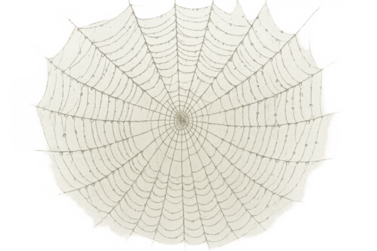 Spider web vintage drawing with dew drops on transparent background, nature pattern illustration