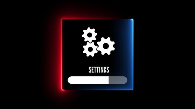 White gears and progress bar with the word SETINGS on a dark background with neon glow Keywords: settings, gears, configuration, options, interface, technology, system, operation, software