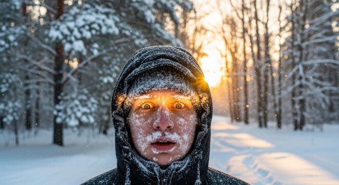 Frozen face in snowy forest illuminated by warm sunset light