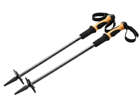 Pair of carbon fiber trekking poles with cork handles for hiking on a transparent background