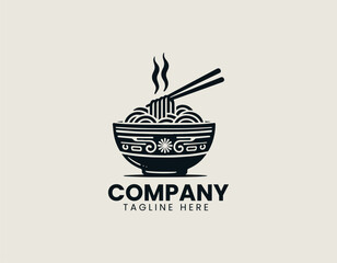 Steaming ramen noodles lifted by chopsticks from decorative bowl in traditional black vector logo design illustration