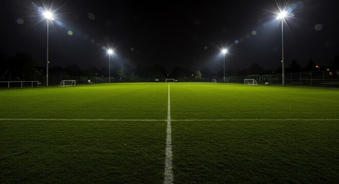 Empty Soccer Field Under Bright Lights Nighttime Sport Concept