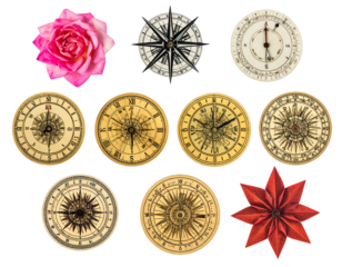 Ten compasses and two flowers on a black background; various styles, colors, and textures in a unique collection