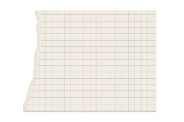 Torn grid paper sheet template with a textured blank page, ideal for notes and messages on transparent background