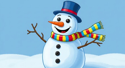 Happy Snowman Wearing a Blue Hat and Colorful Scarf Illustration