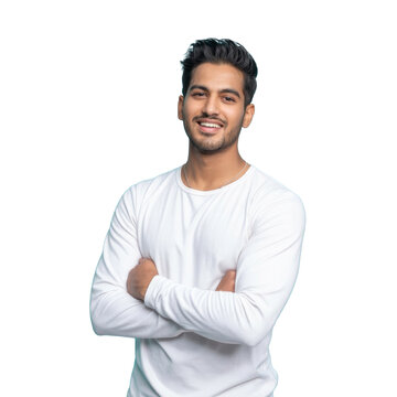 smiling young man with arms crossed on white background.