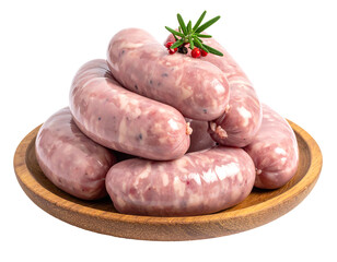 A pile of raw sausages on a wooden plate, garnished with rosemary and pepper