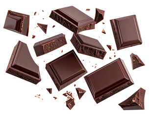 Dark chocolate pieces, with fragmented bits, cascade diagonally against a solid, stark black backdrop