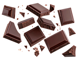 Dark chocolate pieces, with fragmented bits, cascade diagonally against a solid, stark black backdrop