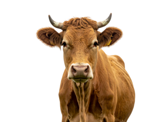 Close-up of a brown cow with horns against a black background, looking straight at the viewer