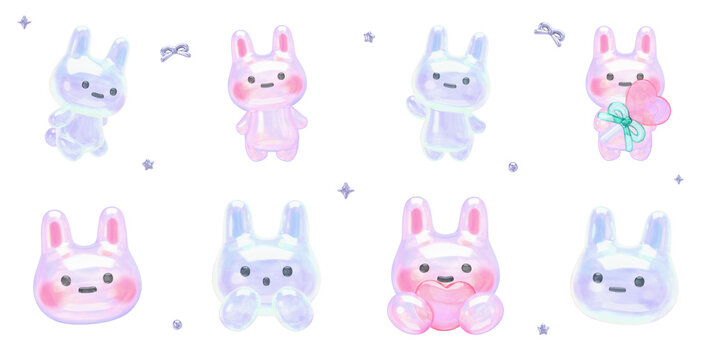 Yume Kawaii Transparent Jelly Shape Collection - Cute Bunny Character Set - Transparent 3D PNG Elements