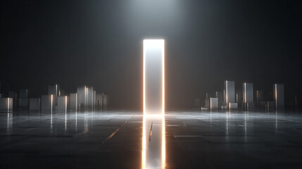Fototapeta premium single glowing graph bar rising from a polished reflective surface against a bright minimal background. The scene symbolizes business growth, success, financial progress, innovation, and upward moment