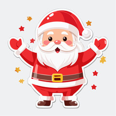 Cute Cartoon Santa Claus Sticker with Stars - Christmas Vector Illustration