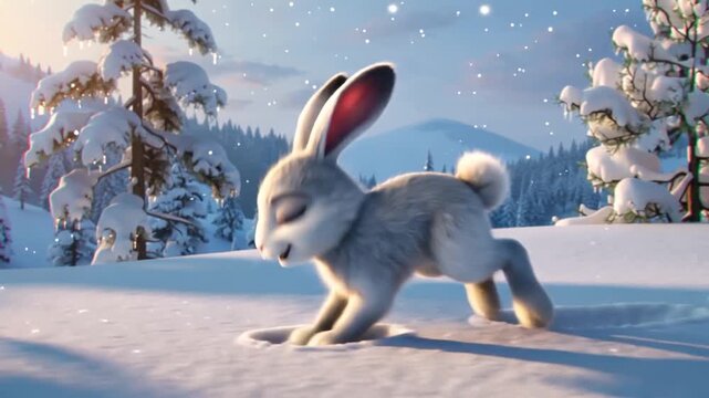 A cute, happy, animated rabbit hops through a beautiful, snowy winter forest landscape as snowflakes fall