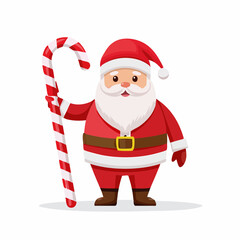 Cute Santa Claus Holding a Large Candy Cane - Flat Christmas Vector Illustration