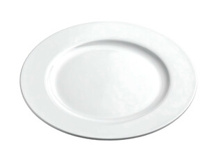 A plain, white, empty ceramic plate sits centered with shadow on a black background. High key lighting