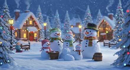 Snowman Family in a Winter Wonderland Christmas Eve Scene