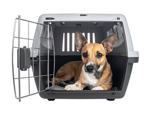Small tan dog curled inside grey carrier cage with open door on a black background, looking straight at the viewer