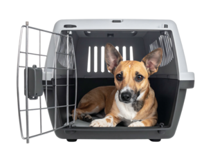 Small tan dog curled inside grey carrier cage with open door on a black background, looking straight at the viewer