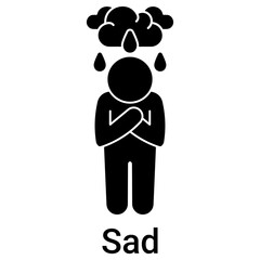 Sad Icon in Solid Style. Unhappy emotion, tear, and crying symbol. Melancholy vector.