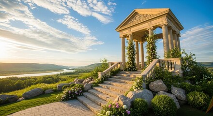 Ancient greek temple ruins on a hill overlooking a river valley at sunset