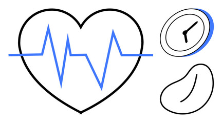 Heartbeat line within a heart, clock symbolizing time, kidney for organ health. Ideal for healthcare, wellness, time management, medicine, healthy living, organ donation simple flat metaphor