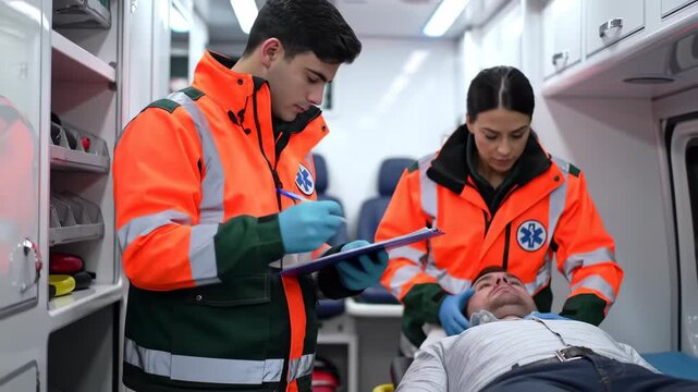 Emergency Team Attending to Patient Inside Ambulance with Medical Equipment and Orange Uniforms