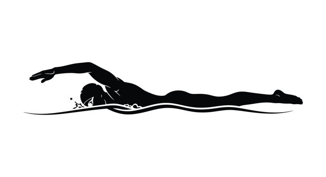 Dynamic black silhouette of a swimmer performing the freestyle stroke in choppy water silhouette