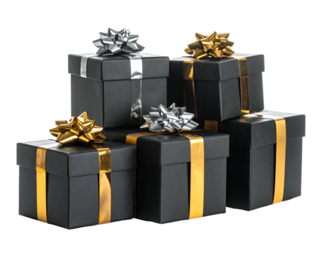 Stacked black gift boxes with metallic gold and silver ribbons and bows. Isolated on a transparent background - Powered by Adobe