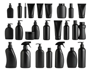 Fototapeta premium Collection of plain black cosmetic bottles and tubes of various sizes and shapes, arranged neatly