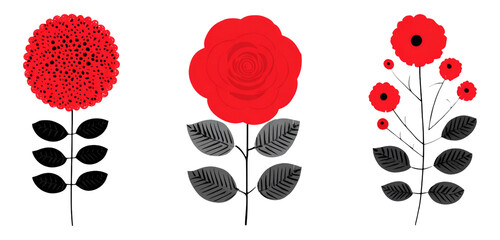 Bright Red Floral Design Elements on a Transparent Background for Art Use