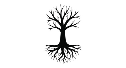 Stylized black silhouette of a bare tree with intricate roots spreading outwards on a white background